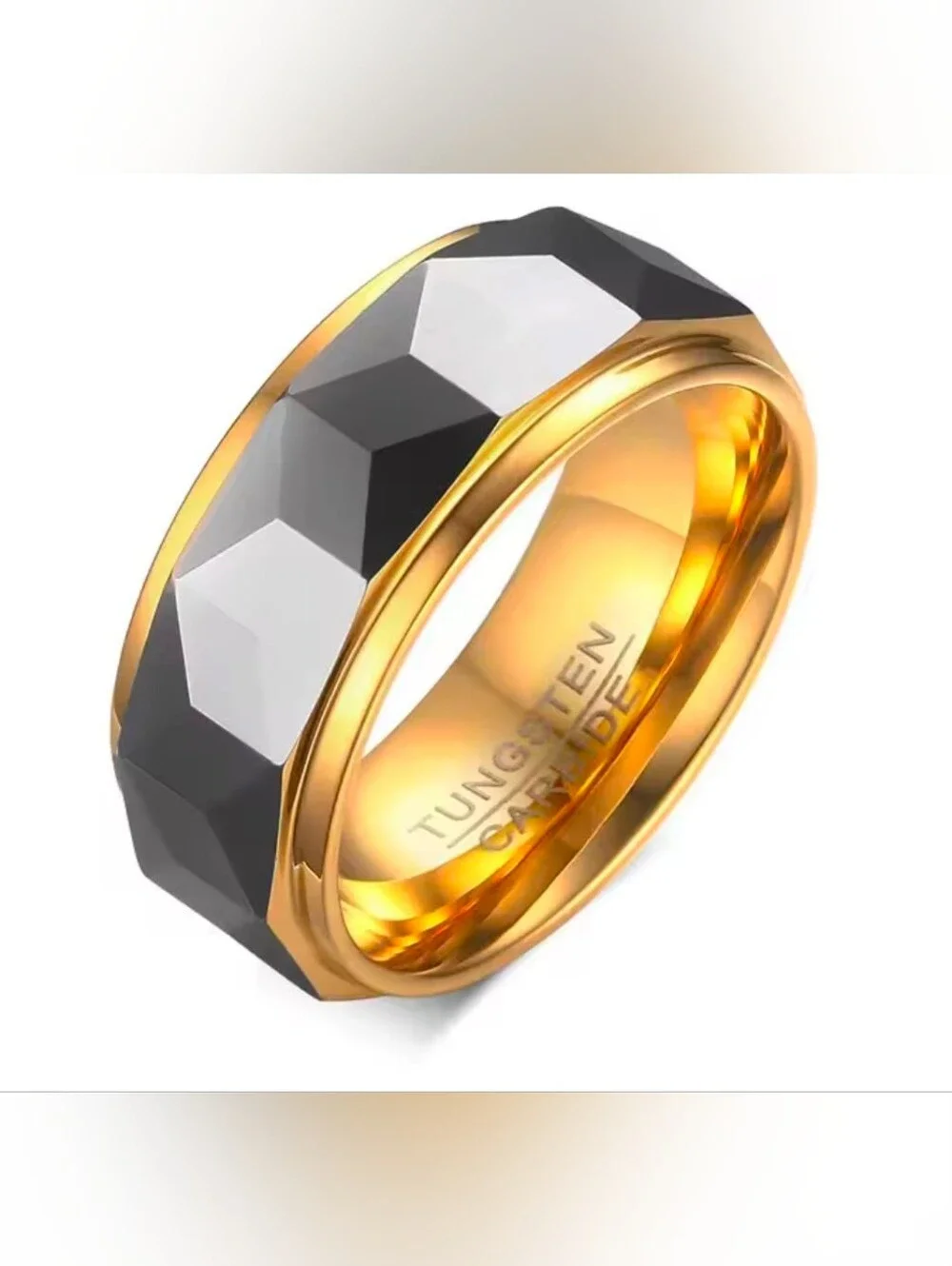 Tungsten Carbide Black & Gold Faceted Men's Ring